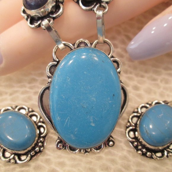 TURQUOISE NATURAL PERSIAN GEMSTONE LADIES  925 STERLING SILVER NECKLACE EARRING - Picture 7 of 9